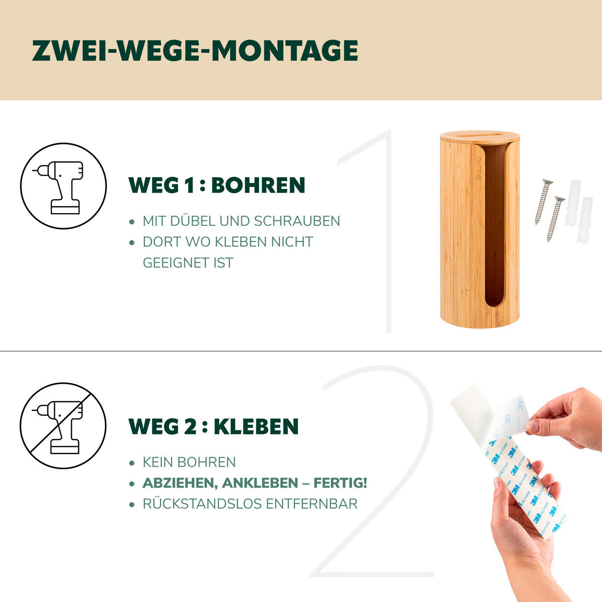 TOILETTENPAPIERAUFBEWAHRUNG, für 3 Rollen, Bambus - Braun, Holz (14.5/34/14.5cm) - eluno