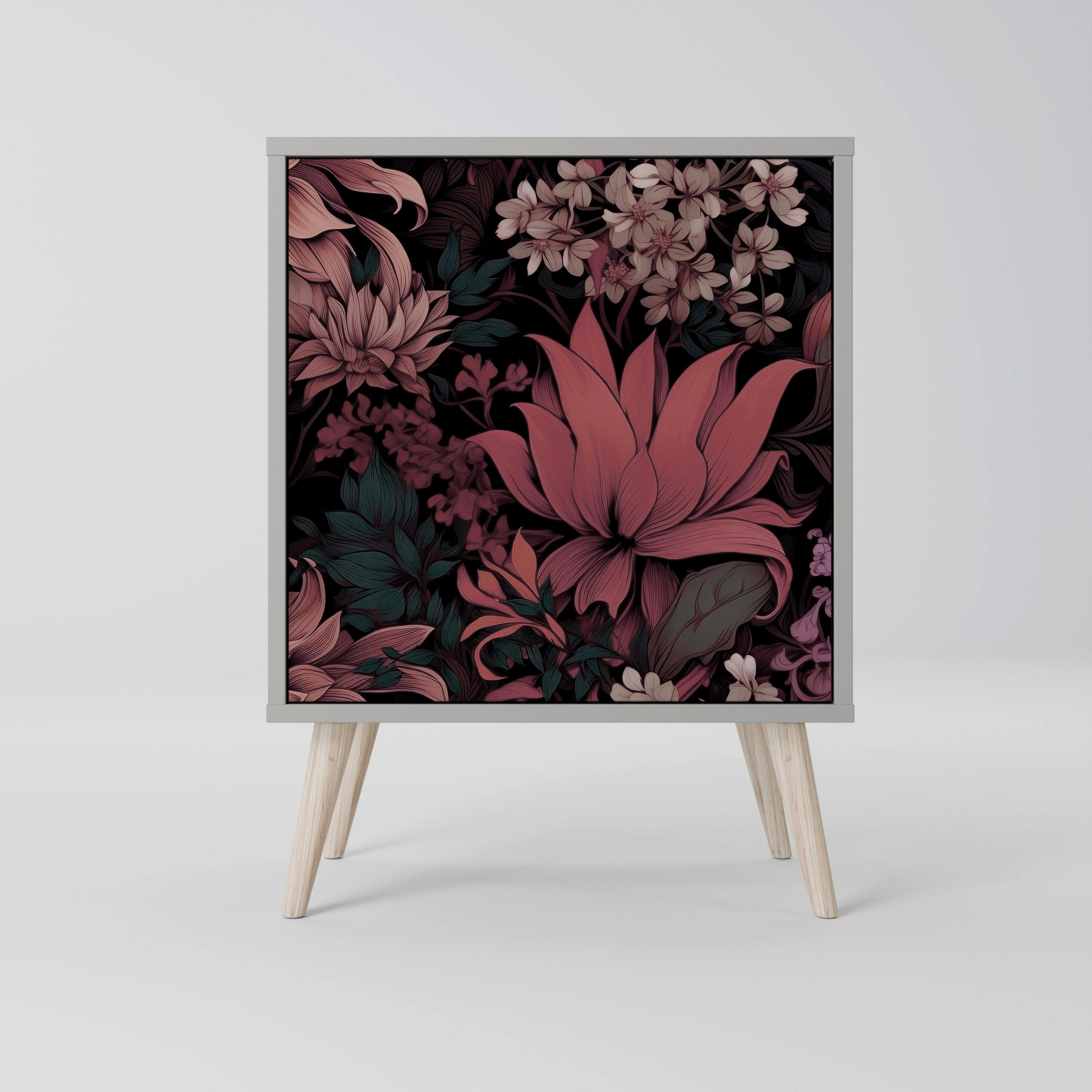 SIDEBOARD FLORAL WHISPER, Grau, 57,5x42x77,5 cm, Schräge Buchenholzfüße - Buchefarben/Multicolor, Holzwerkstoff/Buchenholz (57.5/77.5/42cm) - SpaceRebels