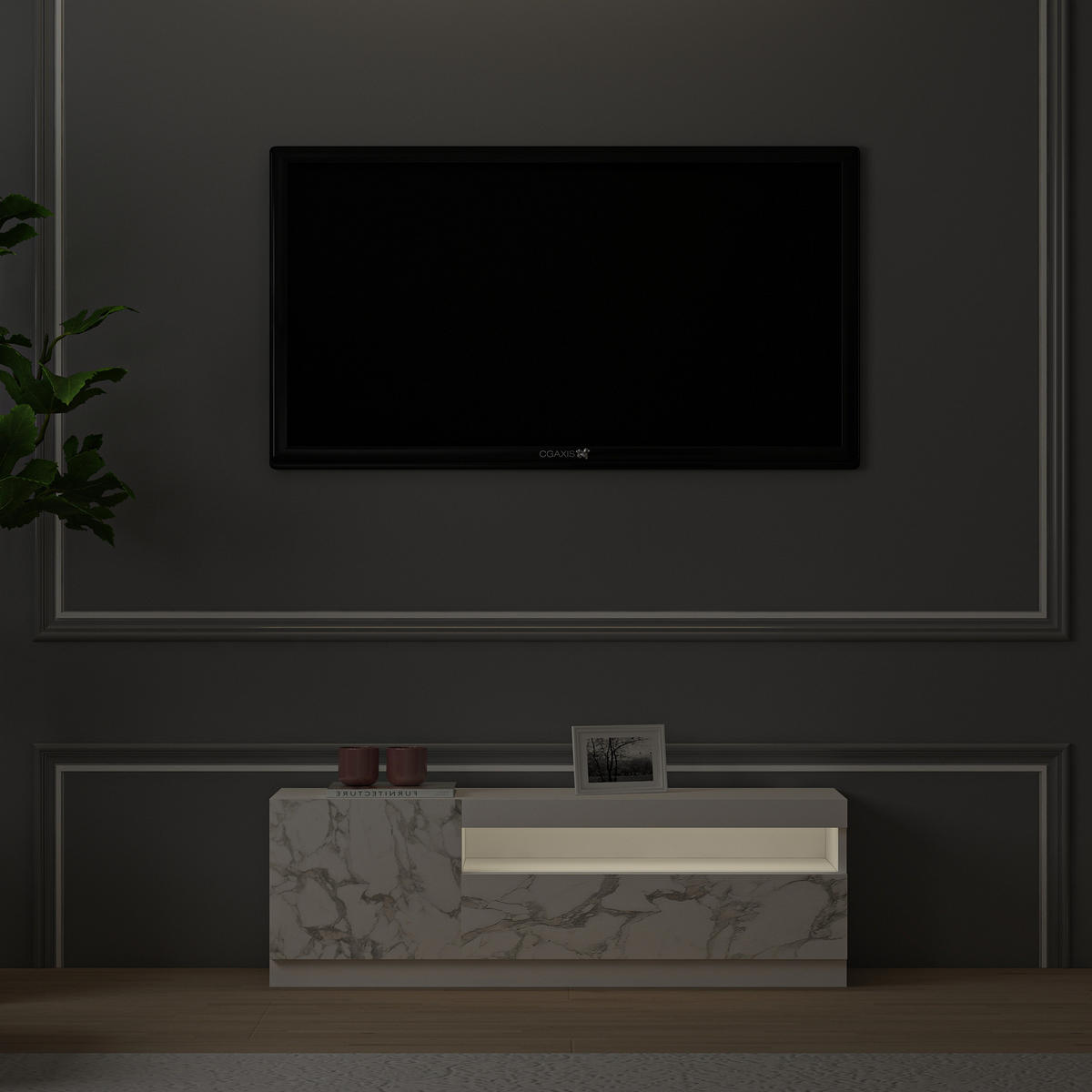 TV-LOWBOARD Weiß mit LED-Leuchten Links 2/2 teil Marmor Optik 9505 - Weiß, Holzwerkstoff (120/40/37cm) - moebel17