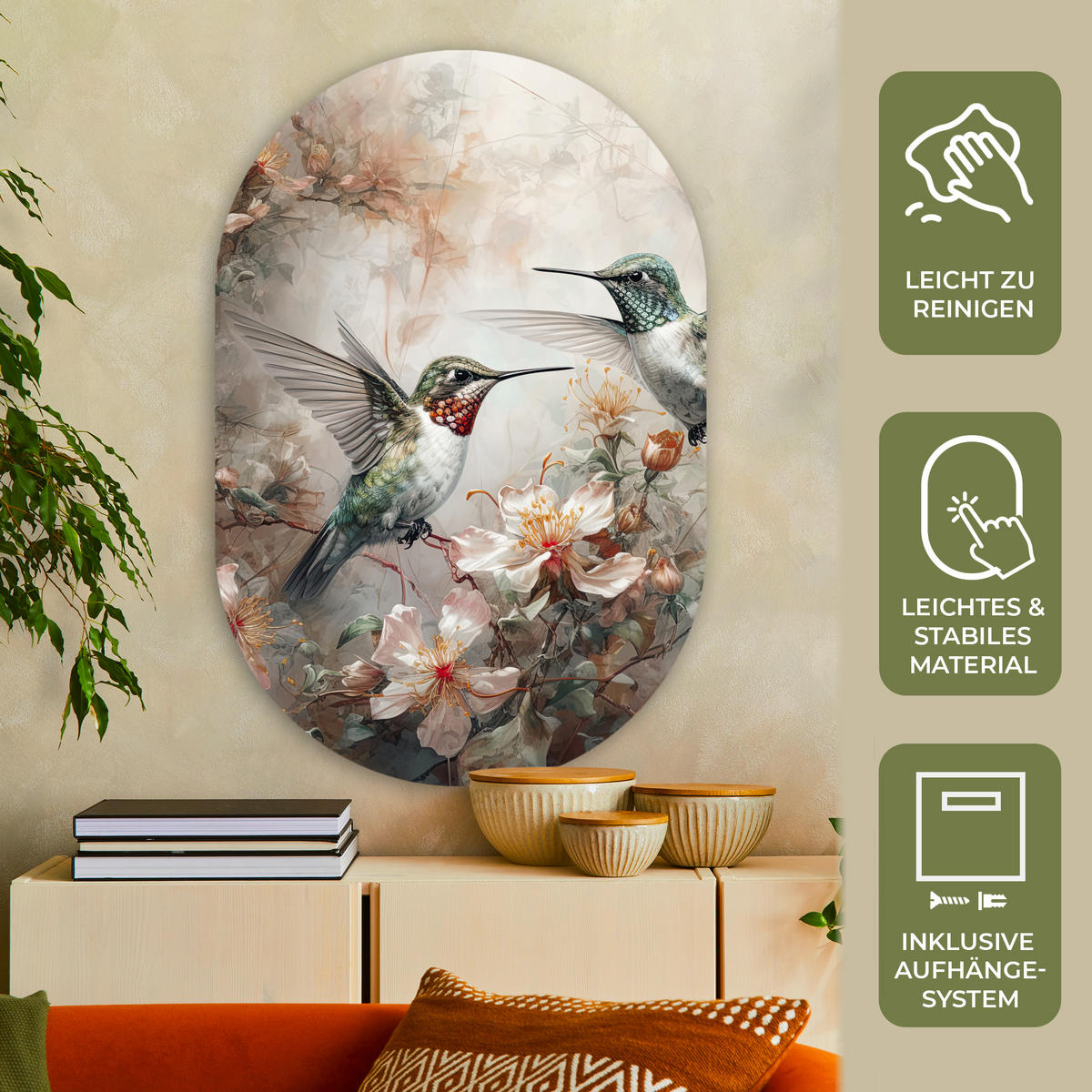 WANDBILD Kolibri - Vögel - Blumen - Pflanzen 80x120 cm - Hellgrün, Kunststoff (80/120cm) - MuchoWow