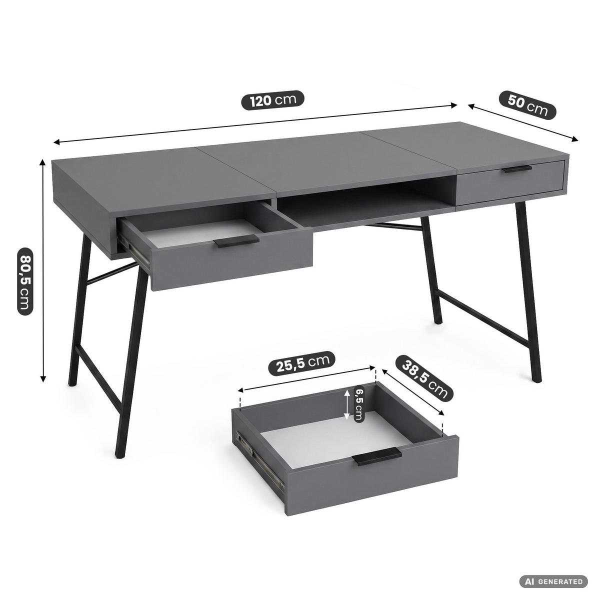 SCHREIBTISCH ARDEN 120 cm Graphit - Graphitfarben/Schwarz, Holzwerkstoff (120/50/80.5cm) - Akord