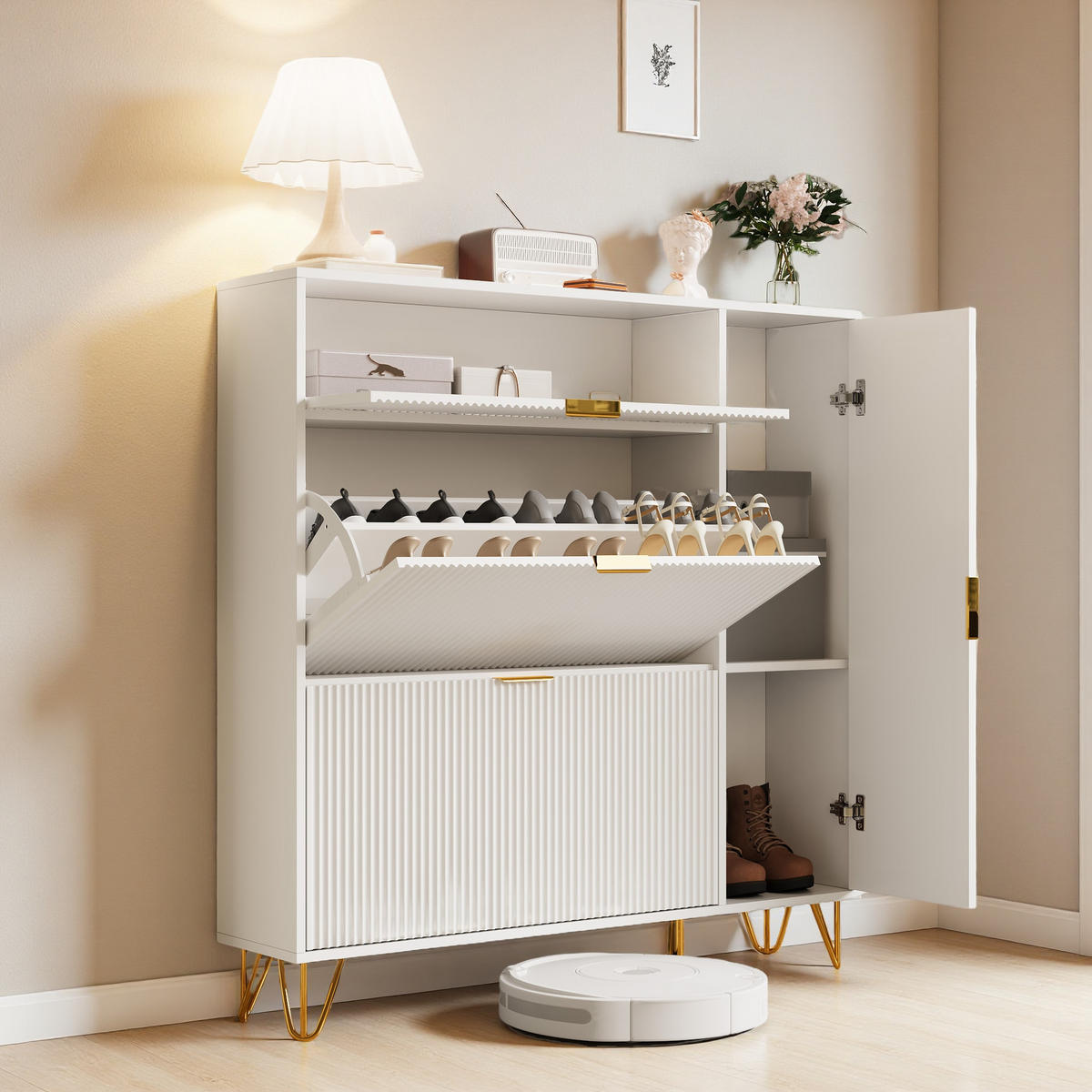 SCHUHSCHRANK schmal 3 Klappen Kippschutz weiß - Weiß, Holz (110/114.5/24cm) - Fortuna Lai