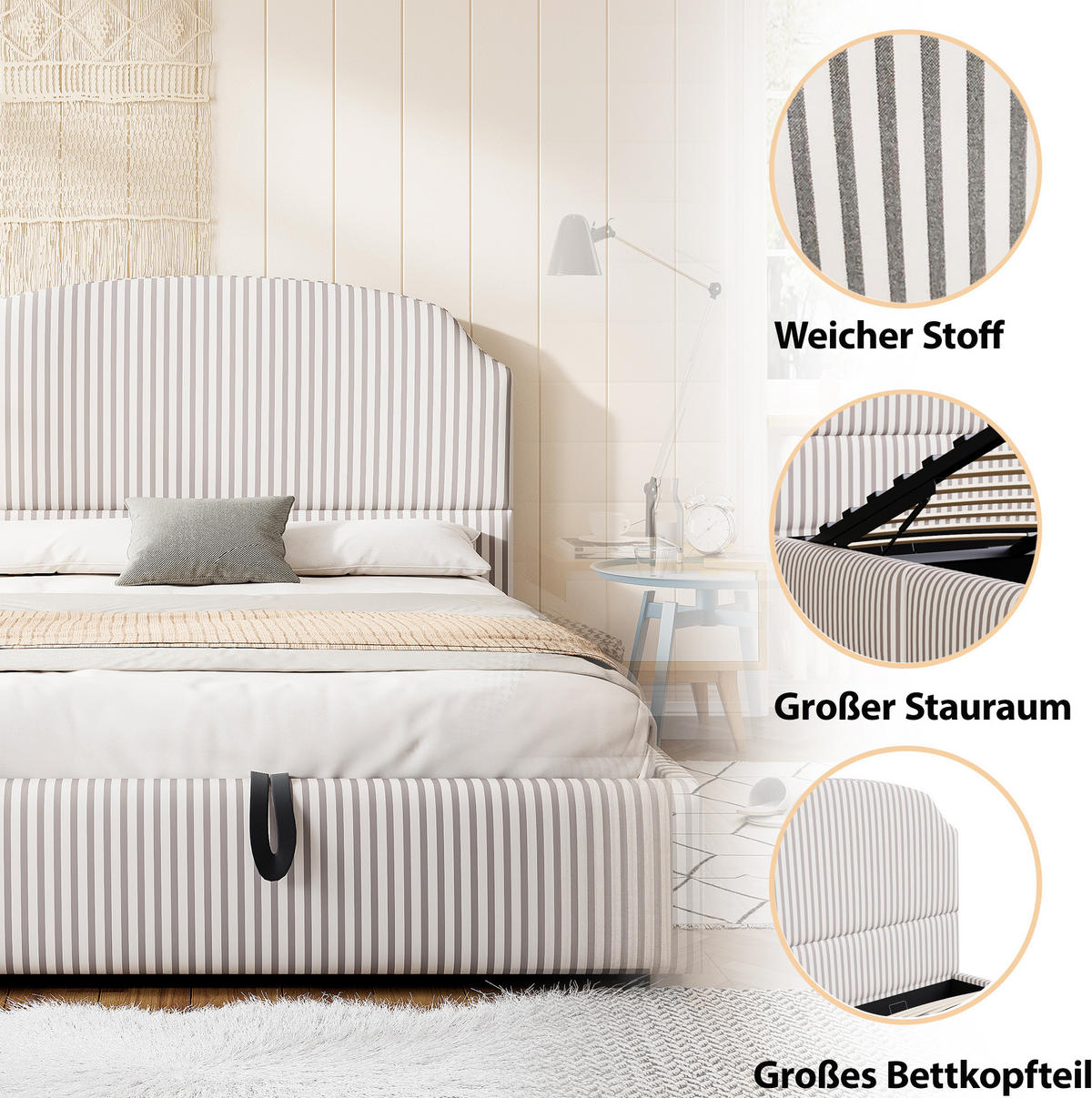 POLSTERBETT 140/200 cm mit Bettkasten und gepolstertem Kopfteil - Weiß, Textil (140/200cm) - BEAOK