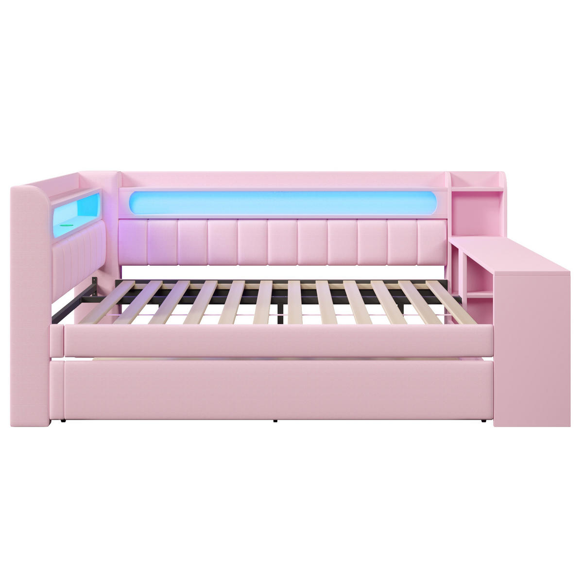 POLSTERBETT 140/200 cm mit LED-Beleuchtung, USB und Ausziehbett in Rosa - Rosa, Holzwerkstoff (140/200cm) - BEAOK