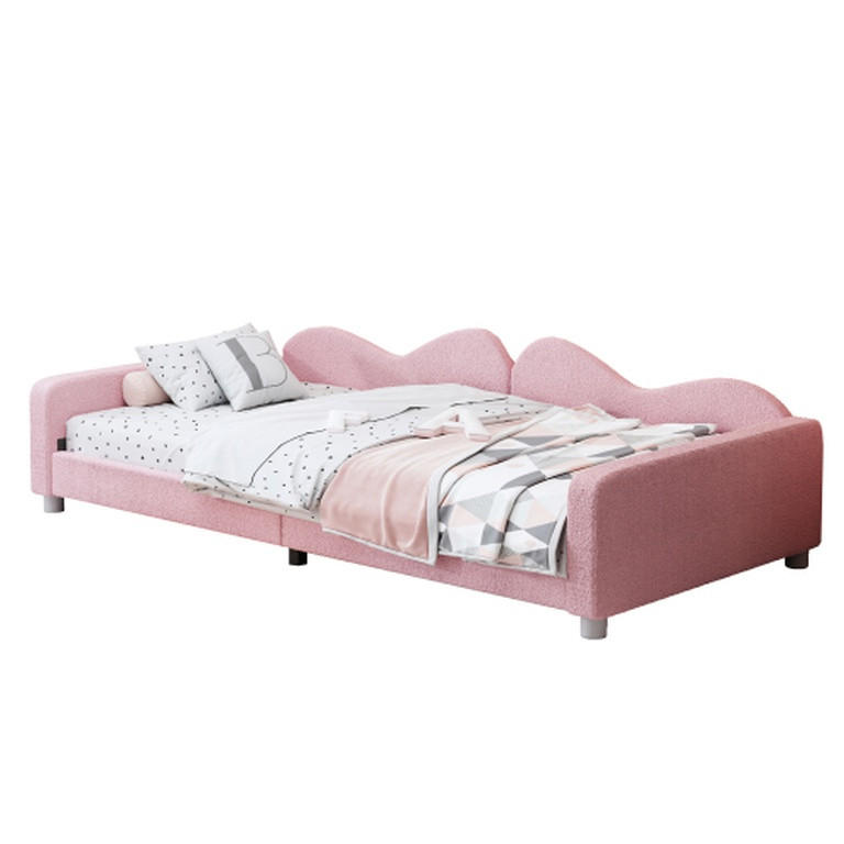 GEPOLSTERTES Kinderbett 90x200cm, Schlafsofa, multifunktionales Bettgestell, weiches Bett mit Rücken- und Armlehnen, Jugendbett, Gästebett - Rosa, Textil