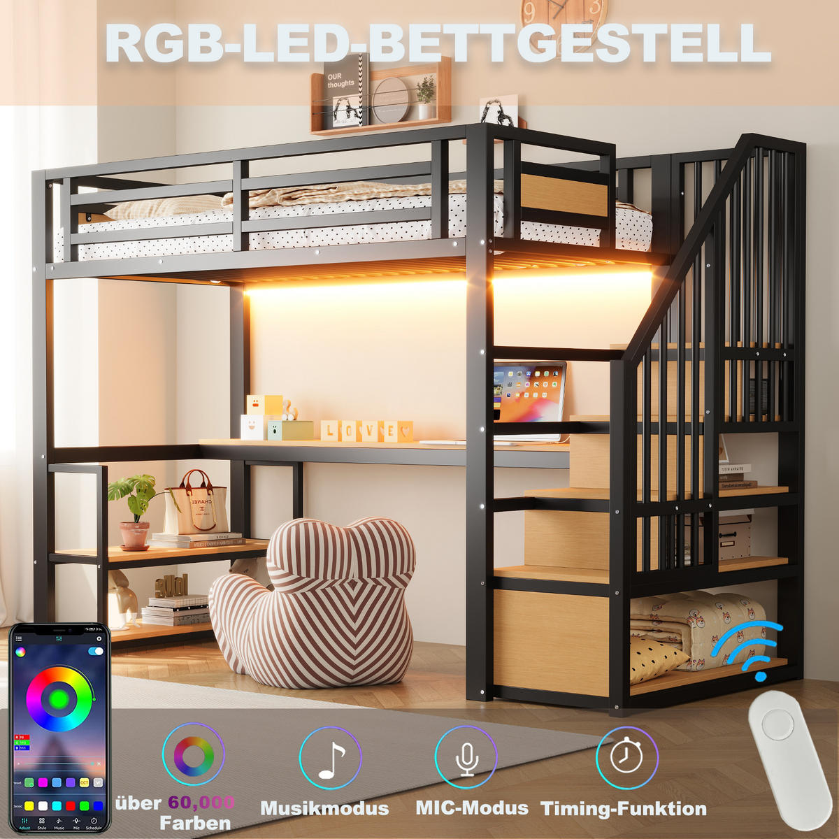 HOCHBETT 90/200 cm in Schwarz mit Regalen, Tisch und LED - Schwarz, Holzwerkstoff/Metall (90/200cm) - WISHDOR