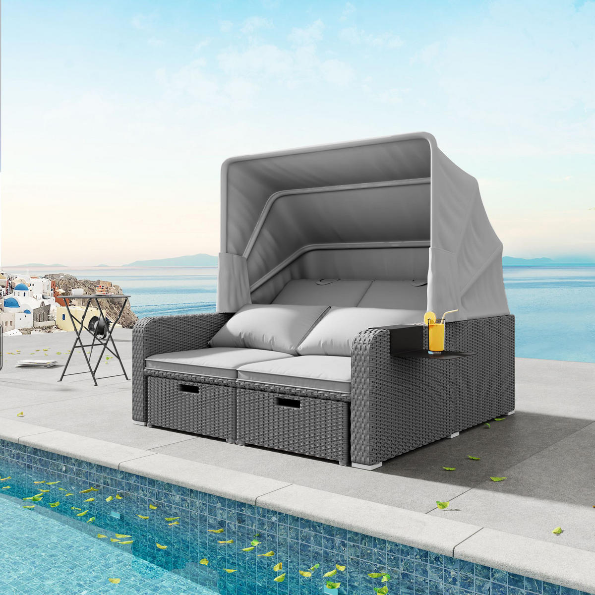 GARTENSOFA 2 Personen Grau Mit Abnehmbarer Markise - Grau, Kunststoff (72.5/37/83cm) - FLIEKS