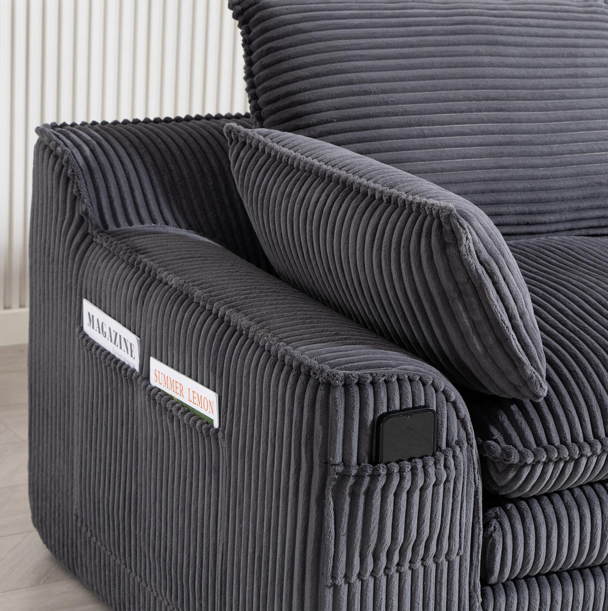 2-SITZER-SOFA 191/94/85 cm mit Seitentaschen, Kissen und Federkern, Cord, Dunkelgrau - Dunkelgrau, Textil (191/85/94cm) - Redom