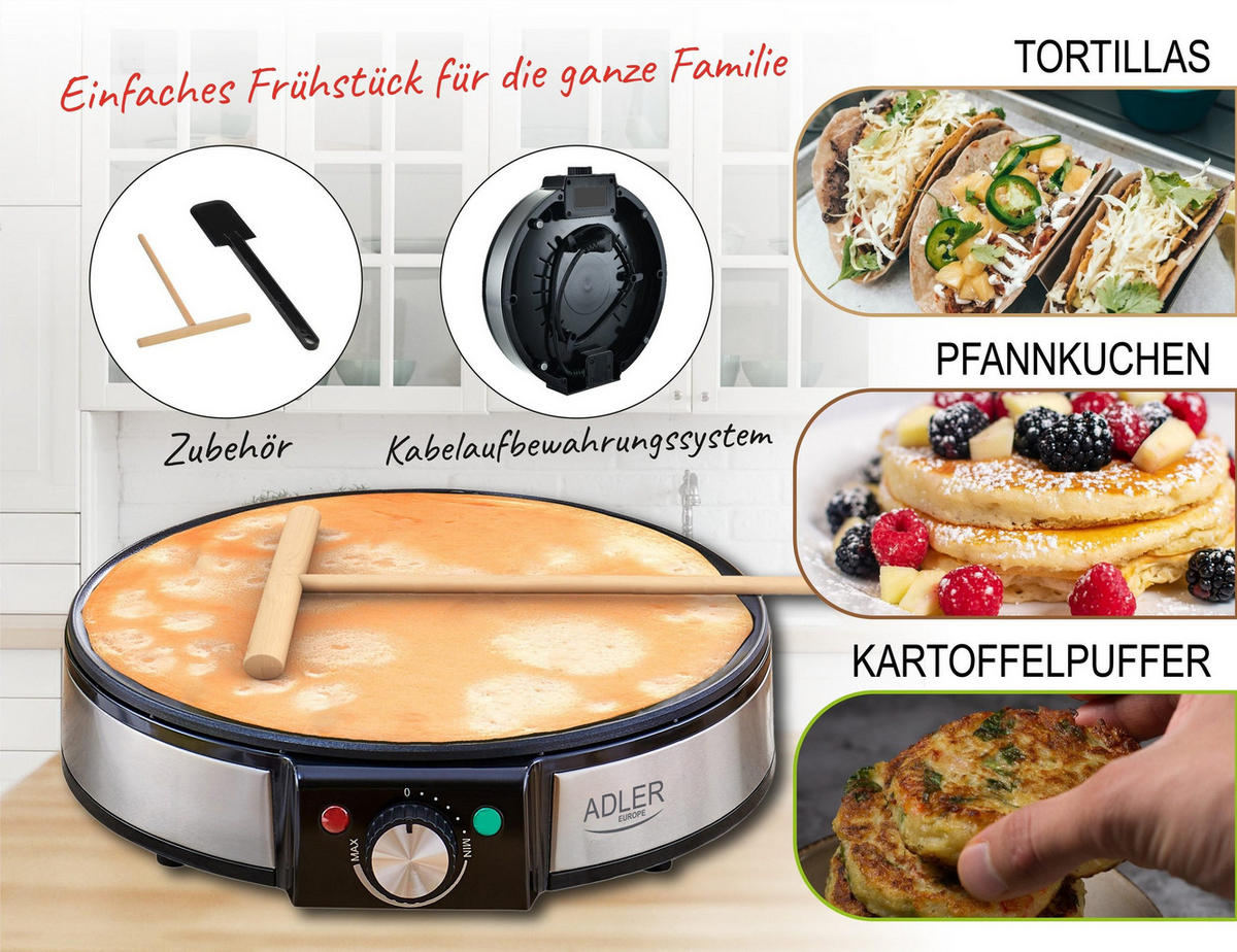 CREPES MAKER AD3058 Edelstahl 1600W XXL - Schwarz, Kunststoff (30/8/30cm) - Adler