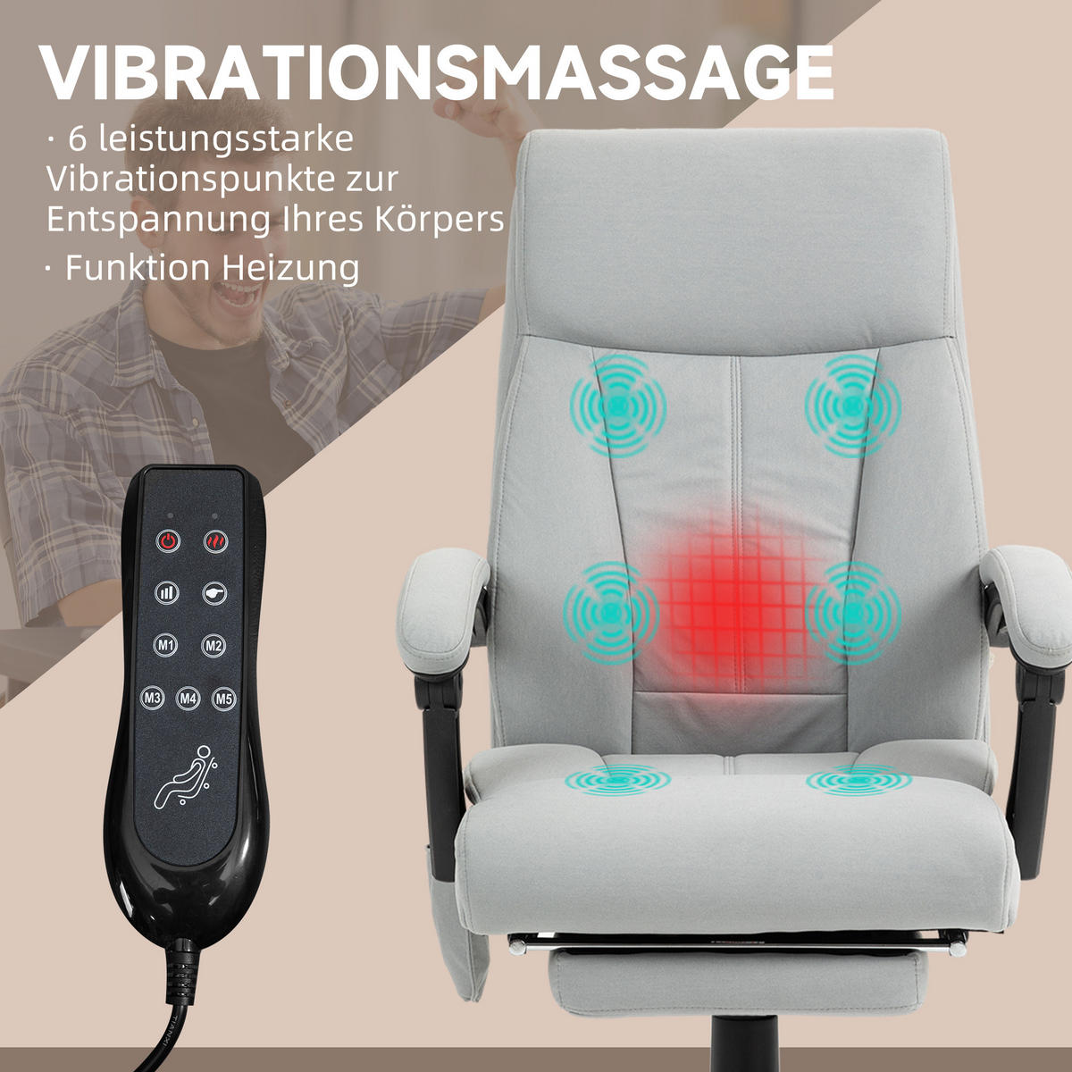 BÜROSTUHL mit Vibrationsmassage, Ergonomisch Schreibtischstuhl mit Liegefunktion - Hellgrau, Kunststoff (74/119/65cm) - Vinsetto