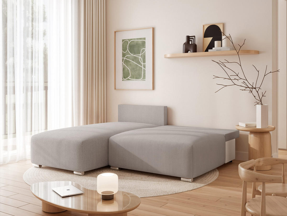 ECKSOFA ELVO mit Schlaffunktion und Bettkasten Hellgrau - Hellgrau, Holzwerkstoff/Kunststoff (208/190cm) - Idohome