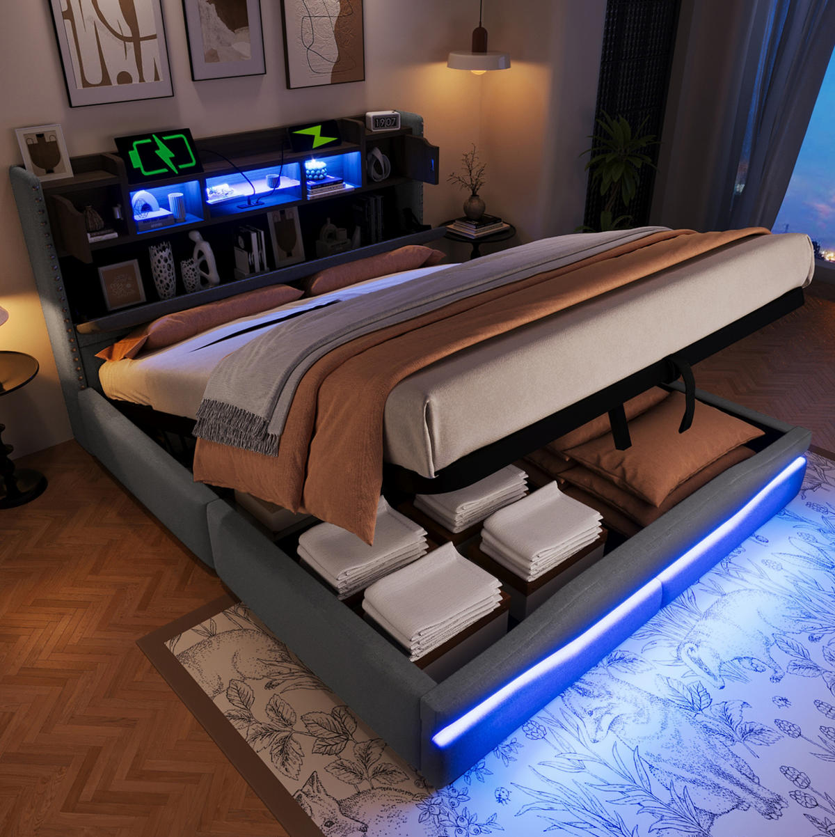 POLSTERBETT 160/200 cm mit LED-Beleuchtung, USB-C/USB-Anschluss, hydraulischem Bettkasten und Stauraum-Kopfteil, Grau - Grau, Textil (160/200cm) - Redom