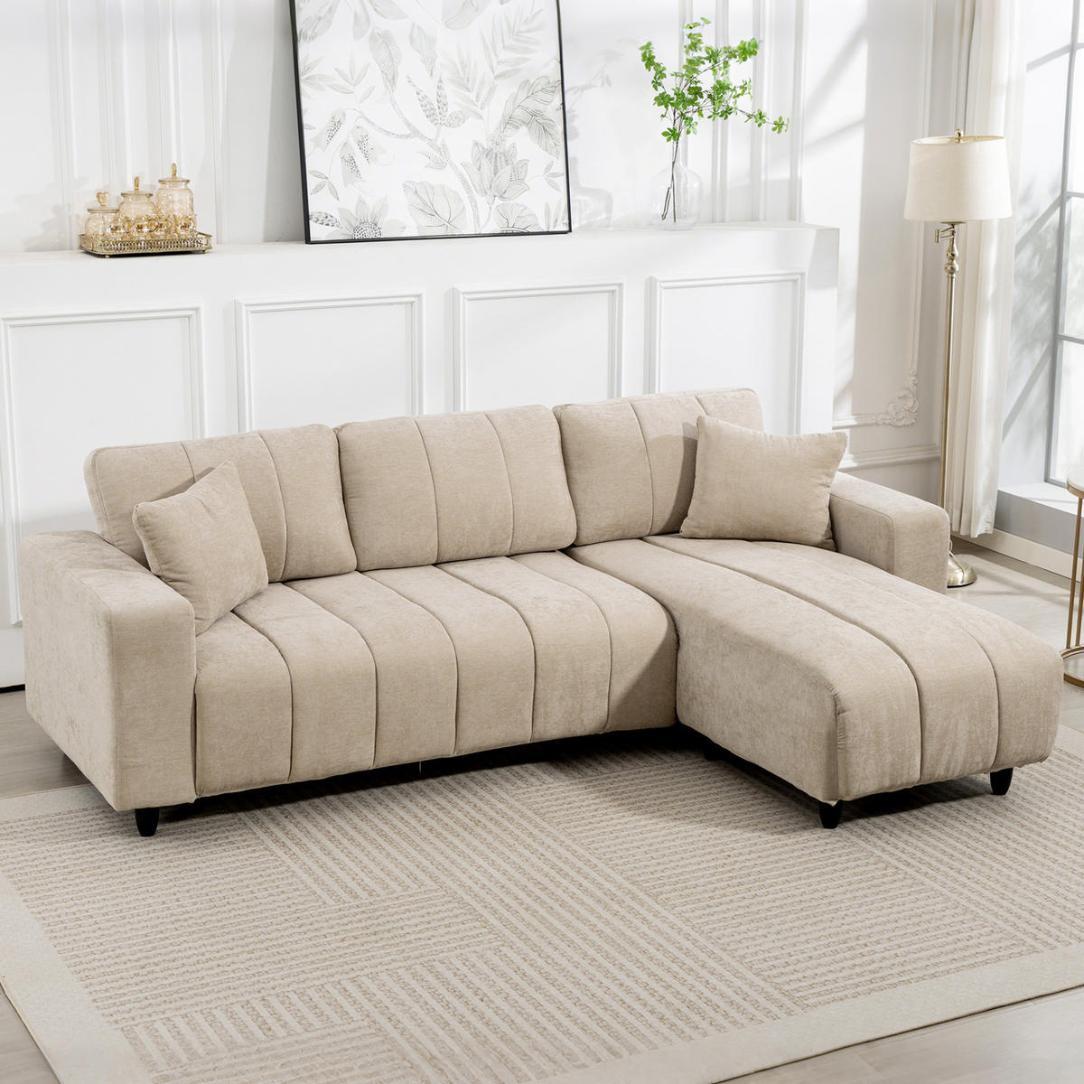ECKSOFA, 3 Sitzer Couch in L-Form mit umkehrbarer Chaiselongue, Kissen, Beige - Beige/Schwarz, Kunststoff/Textil (156/242cm) - HOMCOM
