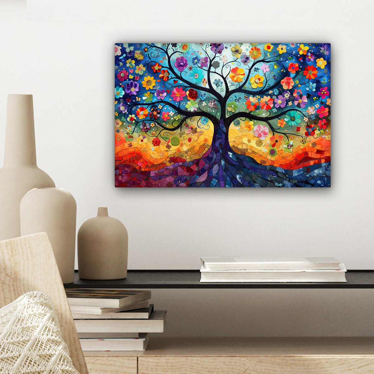 LEINWANDBILD Kunst - Baum des Lebens - Blumen - Hippie 30x20 cm - Dunkelblau, Textil (30/20cm) - MuchoWow