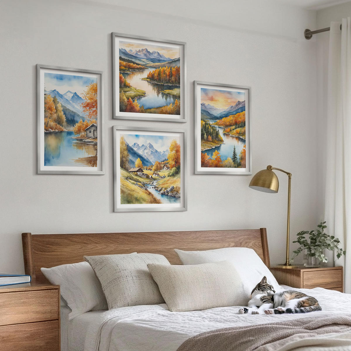 WANDBILDER 4er Set - 50x50 cm & 40x60 cm Silberner Rahmen - Herbstliche Berge, Flusshütte - Silberfarben, Kunststoff (50/50cm) - ArtPrintCave