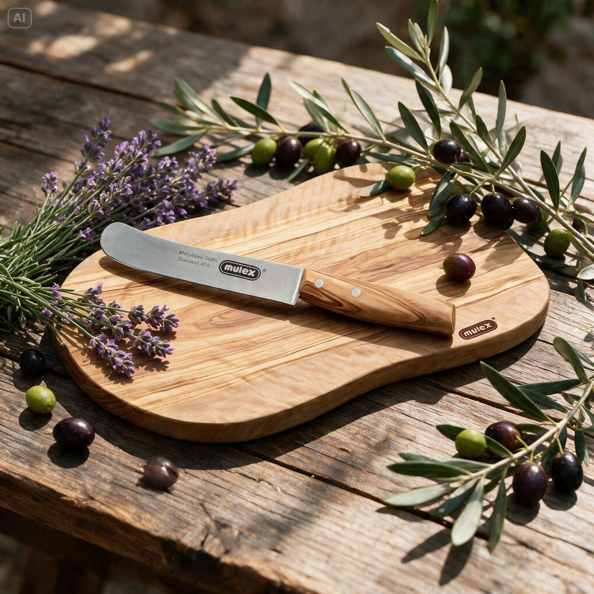 SCHNEIDEBRETT Toscana und Buckelsmesser mit gerader Klinge - Naturfarben, Holz (18/29cm) - Mulex