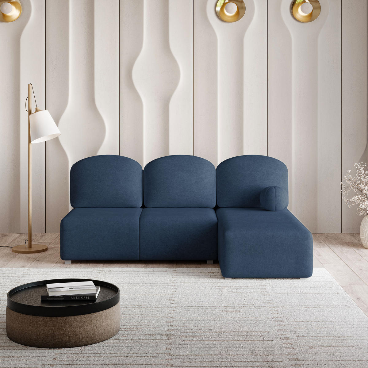 ECKSOFA TRAMA Blau Geflochtener Stoff mit Schlaffunktion - Blau, Holz (200/143cm) - MASSENO