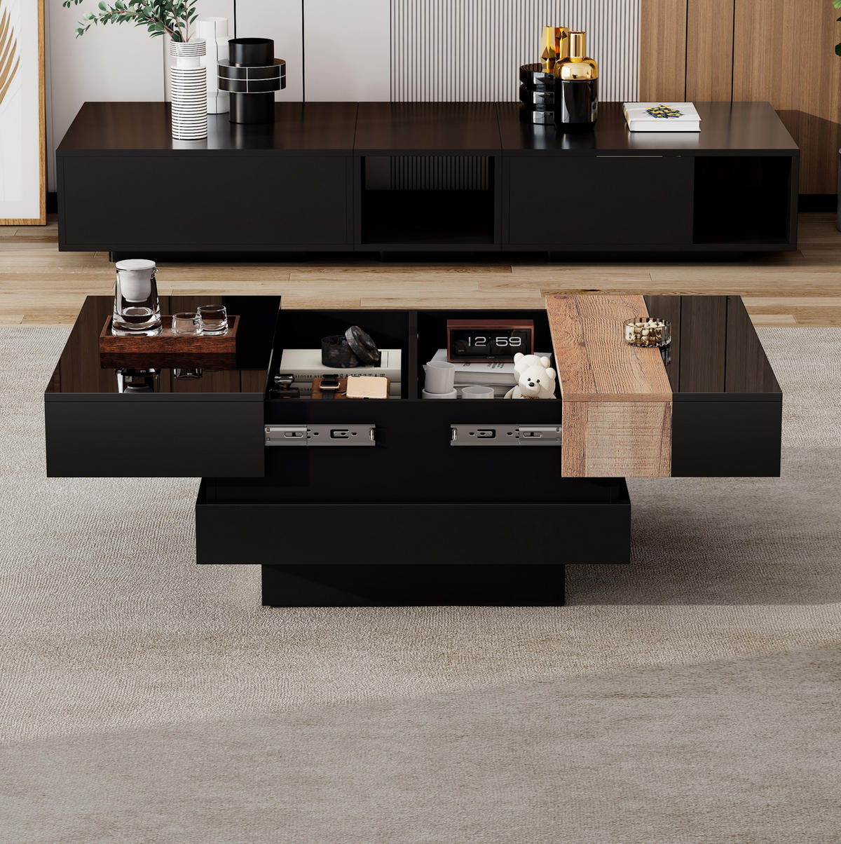 COUCHTISCH 70/70/39 cm mit ausziehbarer Tischplatte, verstecktem Stauraum und Hochglanzoberfläche aus MDF, Schwarz - Schwarz, Holzwerkstoff (70/70/39cm) - Modfu