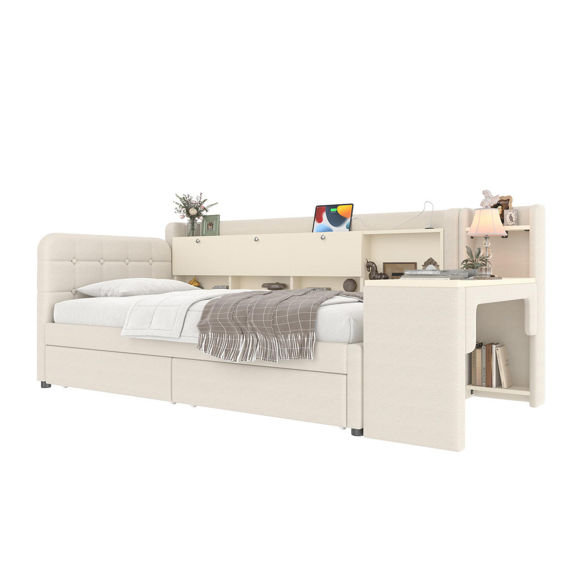 DAYBETT 90x200 Tagesbett Schlafsofa mit Schreibtisch Schubladen USB - Beige, Holzwerkstoff - Gisaae