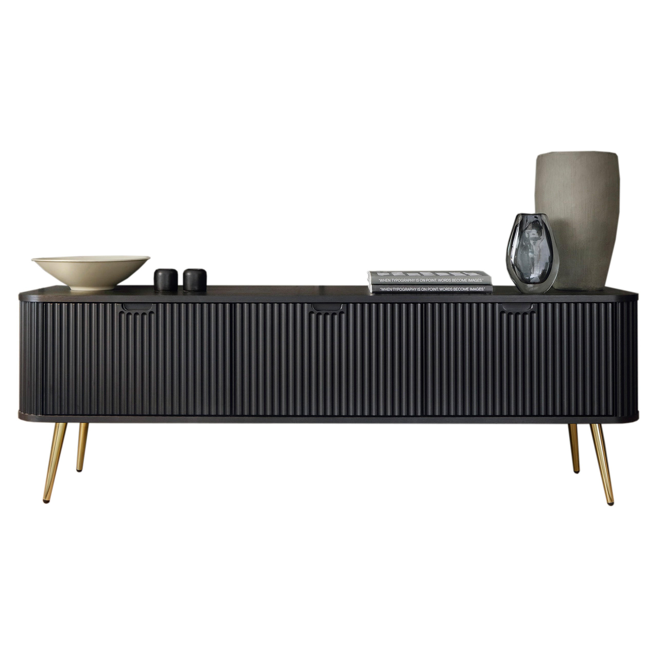 TV-SCHRANK Zova Schwarz, Goldene Beine, Tv-Tisch - Goldfarben/Schwarz, Holzwerkstoff/Metall (168/57/39cm) - Bettso