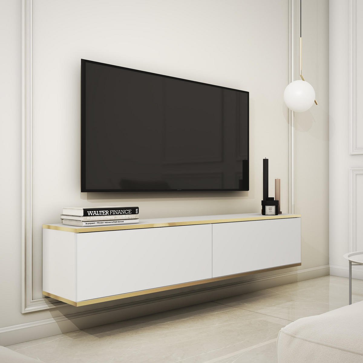 TV-LOWBOARD FORNO (Weiß, Goldene Details, 2 Türen, 135 cm) - Weiß, Holz/Holzwerkstoff (135/30/32cm) - Ravio