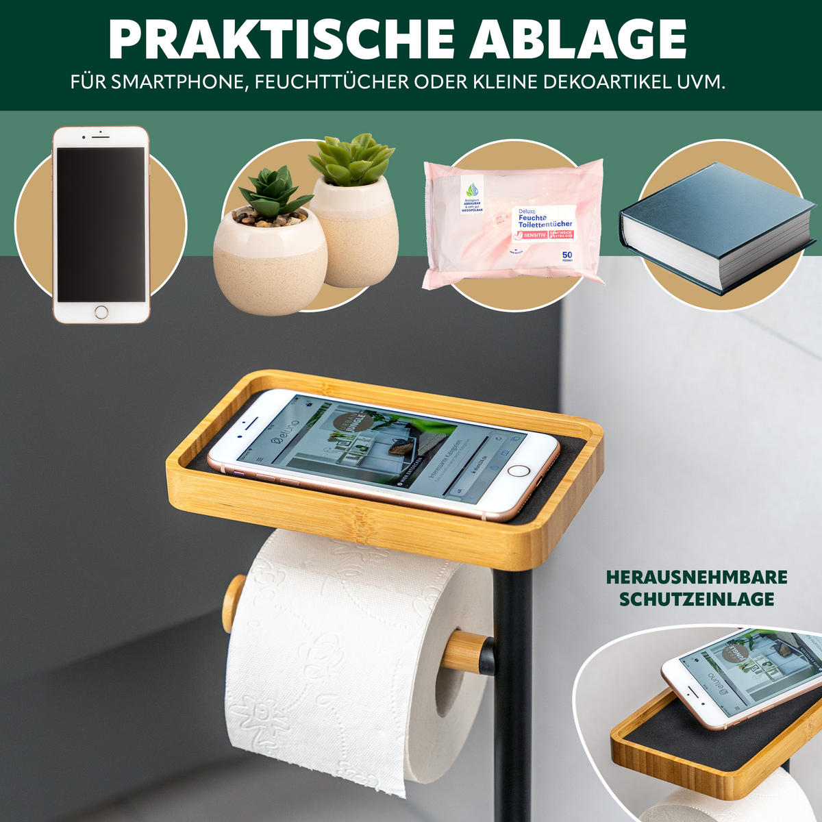 STAND-WC-GARNITUR 4in1, Bambus/Metall schwarz - Schwarz, Metall (30/68/20cm) - eluno