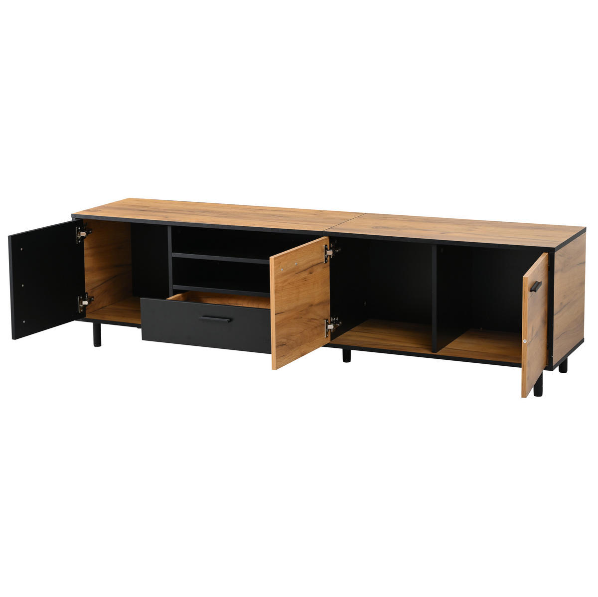 TV-LOWBOARD aus Spanplatte 180x32,5x50 cm Schwarz/Holzoptik mit 3 Türen, 1 Schublade und 5 Standfüßen - Schwarz, Holzwerkstoff (180/50/32.5cm) - Modfu