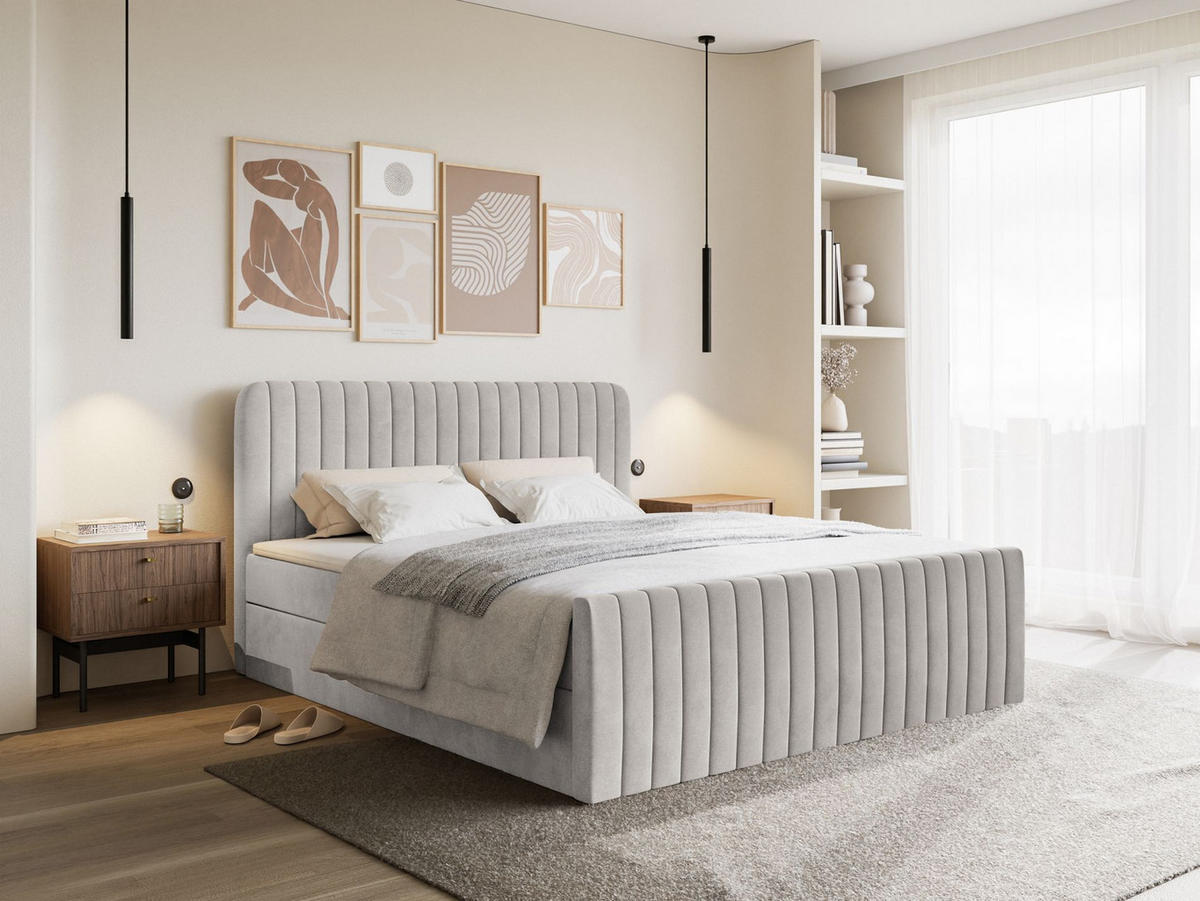 BOXBETT Saliano mit Topper und Samtbezug Greige, 180x200 cm - Taupe, Kunststoff/Textil (180/200cm) - Selsey