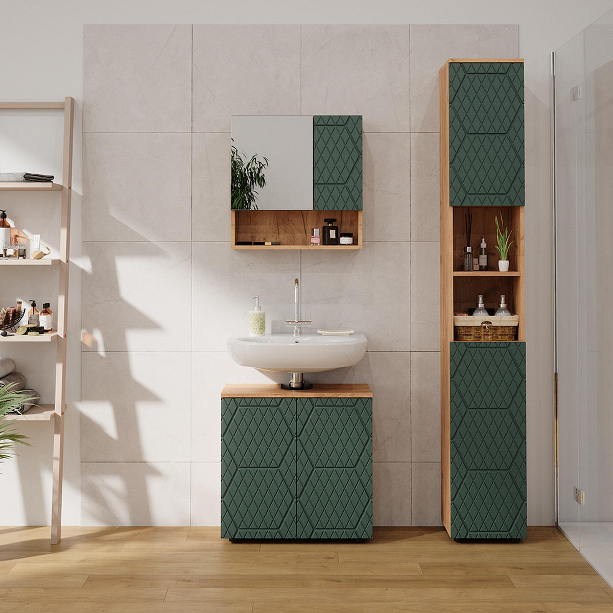 BADMÖBEL-SET Irma Grün 3 Teile, mit Hochschrank - Eiche Wotan/Grün, Holzwerkstoff (80/58.6/41cm) - Vicco