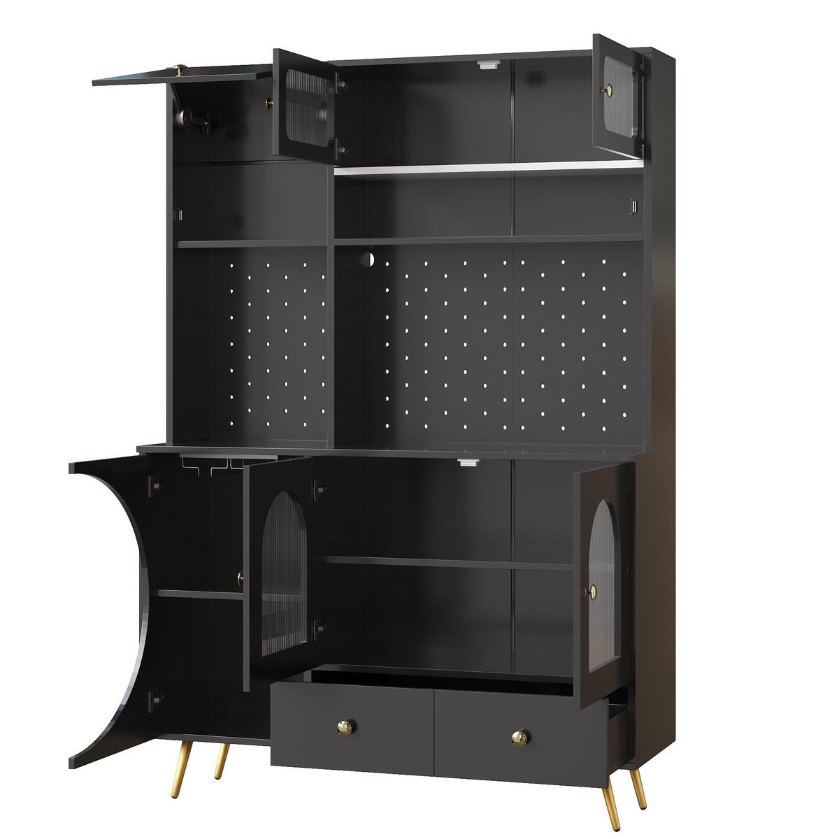 KUHINJSKI element za posuđe 120/40/176 cm crni, MDF/staklo, s LED rasvjetom i utičnicama - crna, drvni materijal (120/176/40cm) - BEAOK