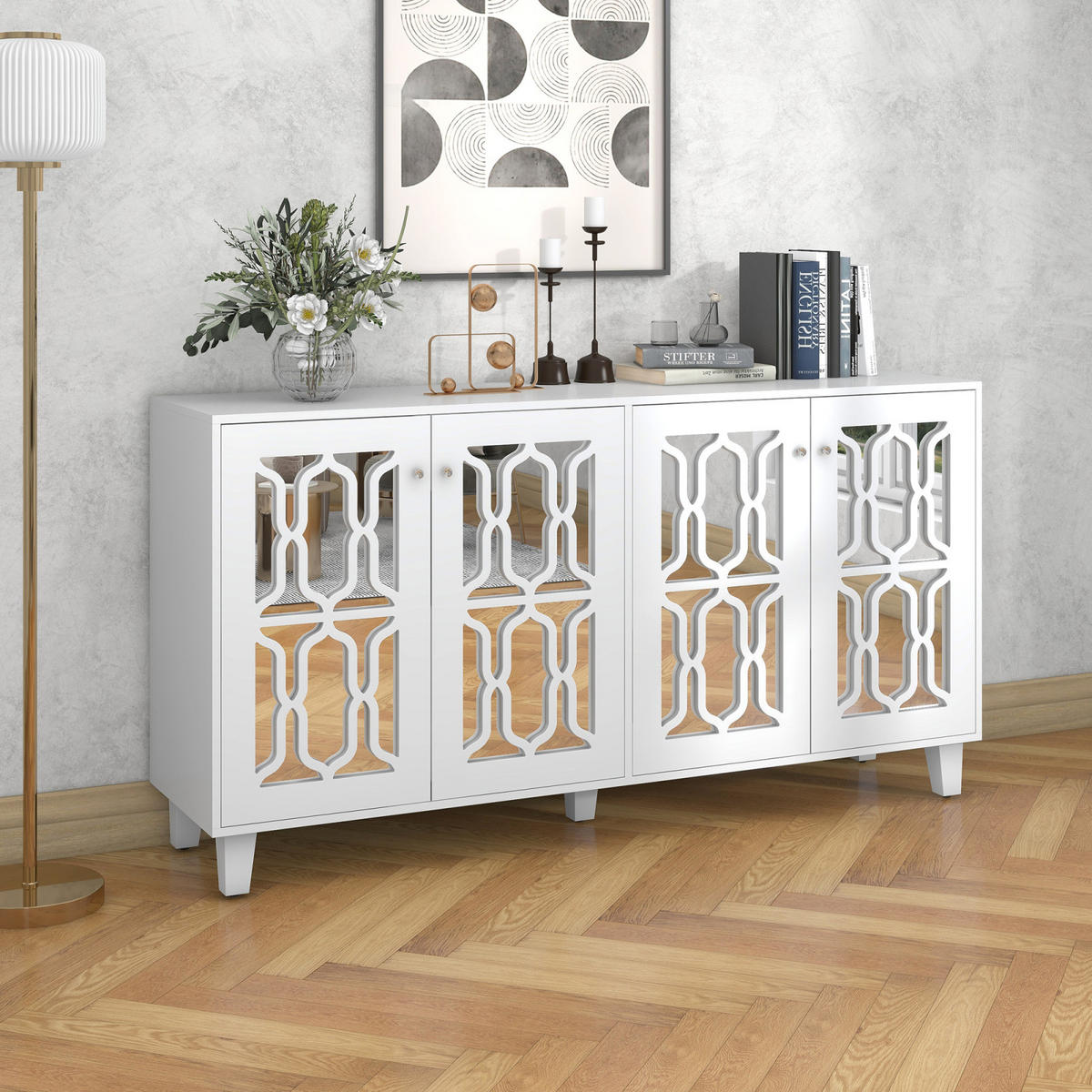 SIDEBOARD Weiß, 4 Spiegeltüren, verstellbarer Boden - Weiß, Holz (160/84/40cm)