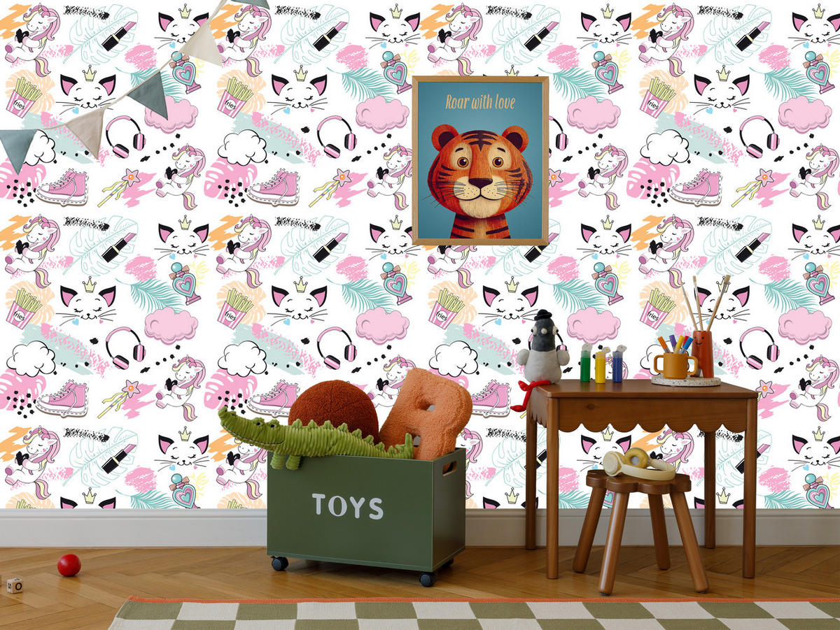 VLIESTAPETE Einhörner und Katzen – Rosa, Mint, Weiß – 50x1000 cm - Rosa/Weiß, Papier (50/1000cm) - Muralo