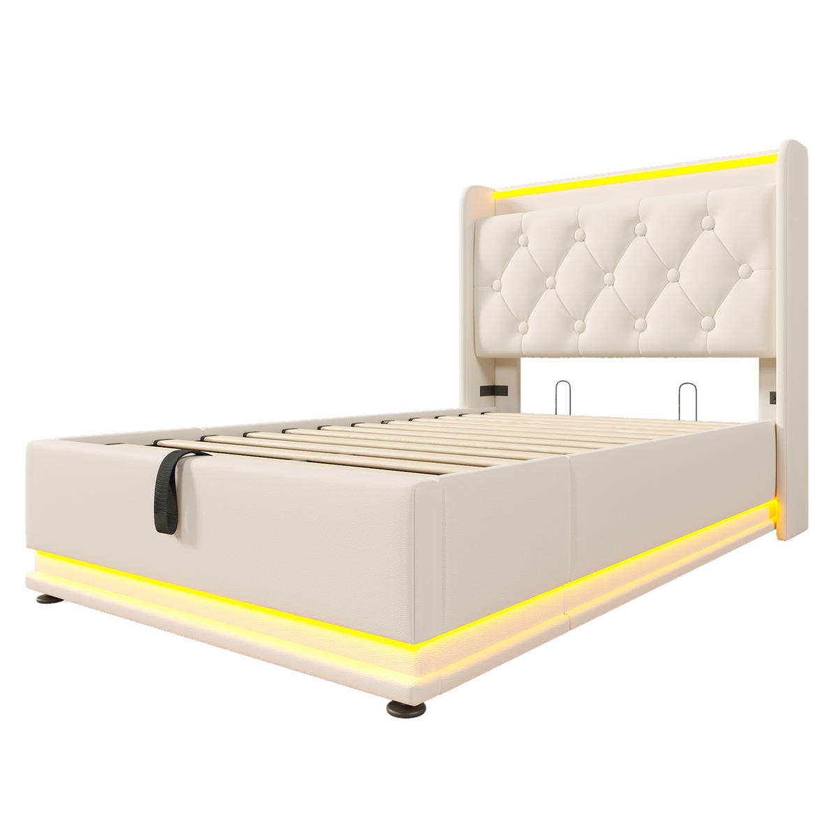 POLSTERBETT 90x200cm Einzelbett 360° LED USB-C Hydraulik Weiß PU - Weiß, Holz (90/200cm) - FLIEKS