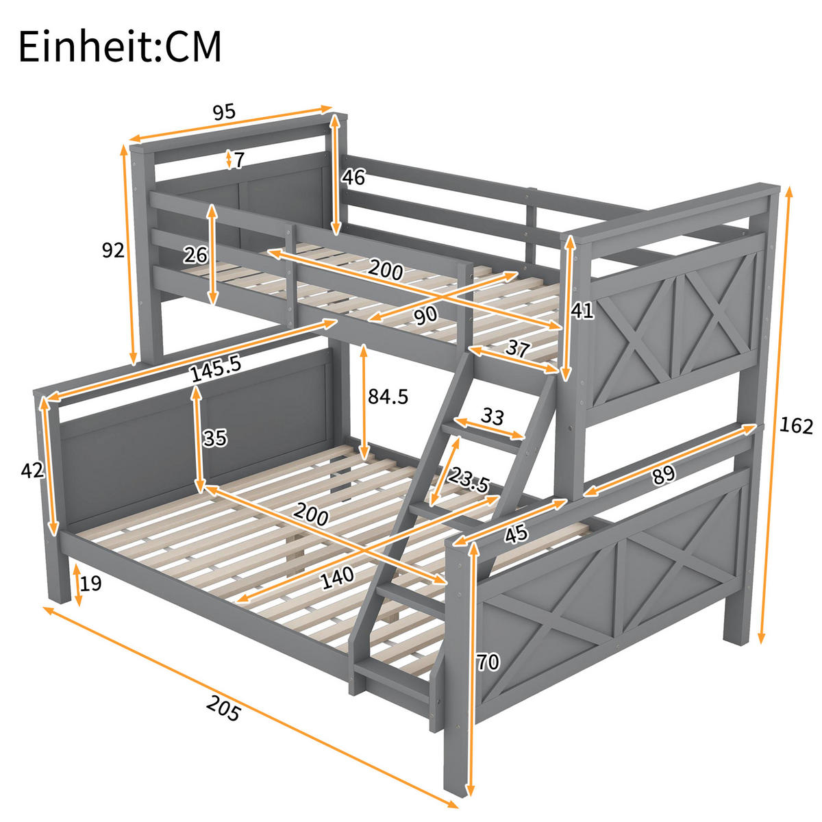 ETAGENBETT 90/140/200 cm aus Kiefernholz und MDF mit Leiter und Sicherheitsgeländer Grau - Grau, Holz (140/200cm) - Modenvie