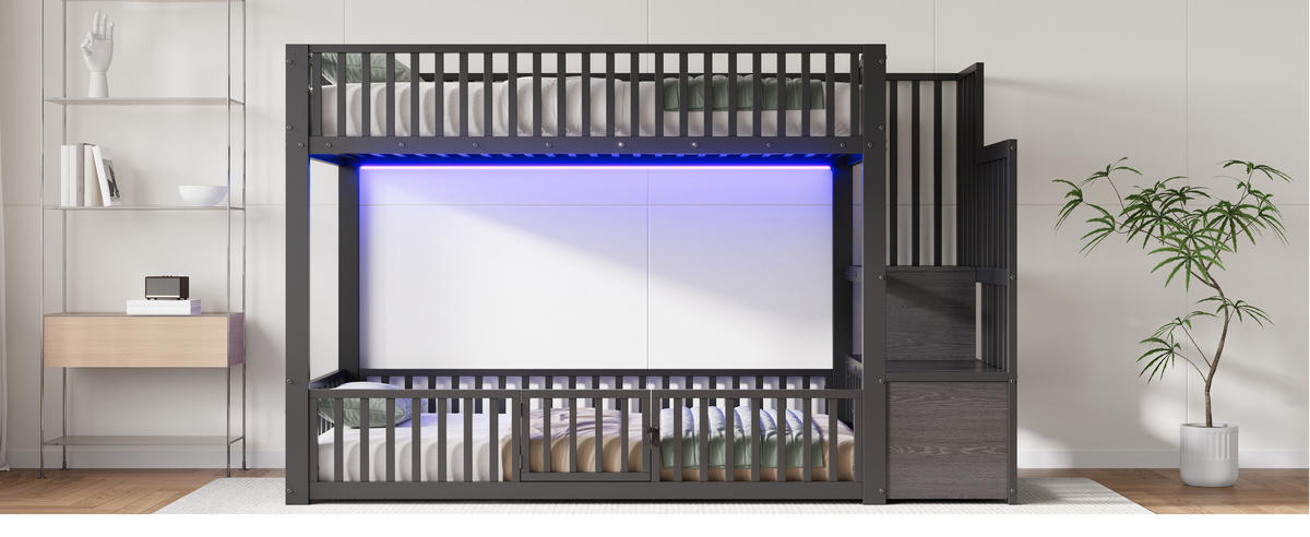 ETAGENBETT 90x200 cm mit Stauraumleiter und LED-Kopfteil, Schutzgittern und Einstiegstür, schwarz - Schwarz, Holzwerkstoff (90/200cm)