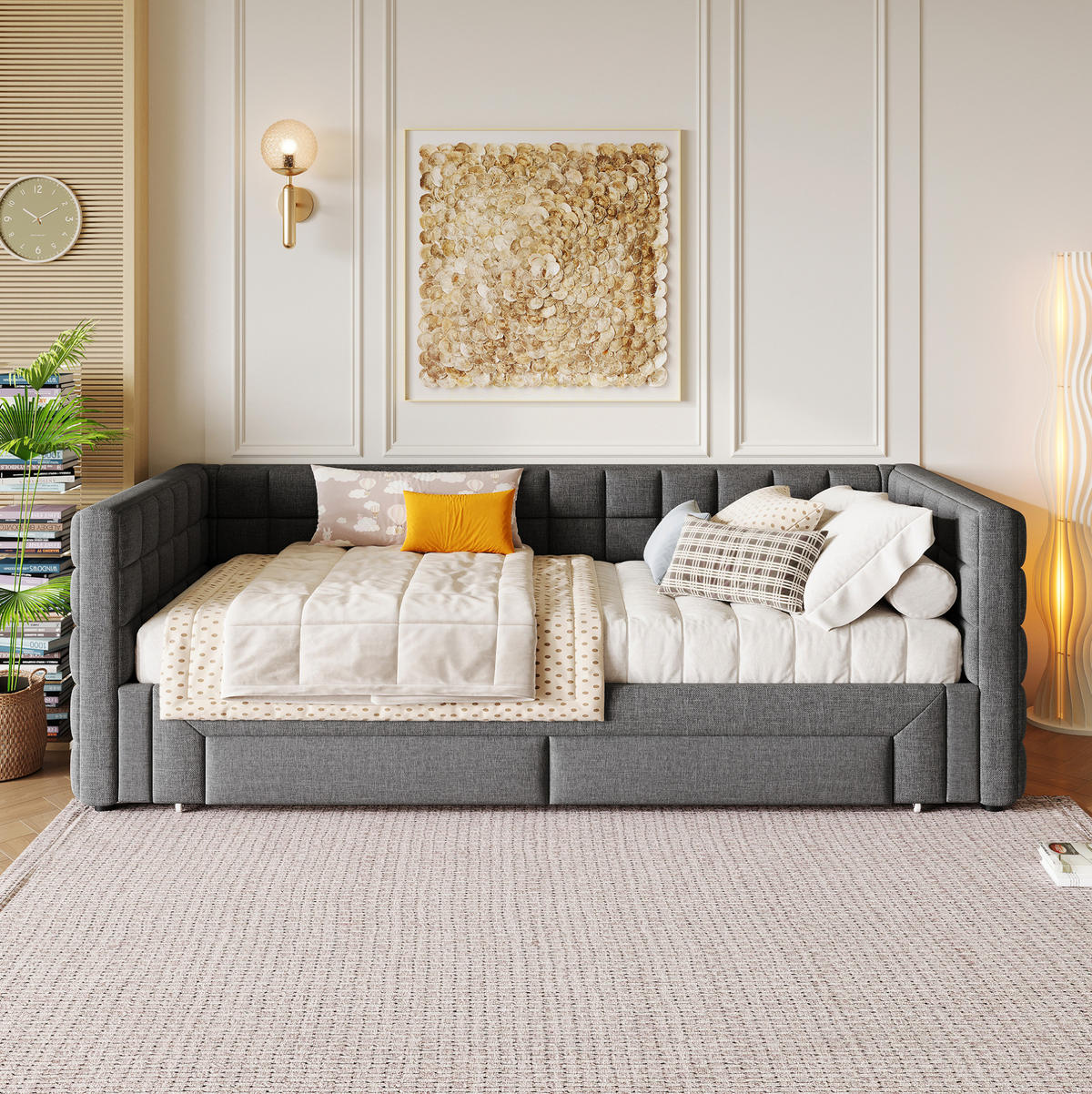 ROZKLADACIA posteľ 90/200 cm sivá zo zamatu a MDF s hranatým operadlom, výsuvným lôžkom a 2 zásuvkami - sivá, textil (90/200cm) - OKWISH
