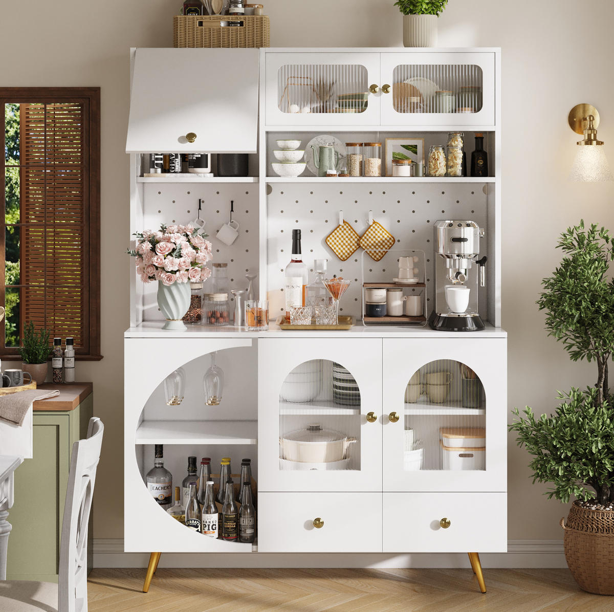 KÜCHENSCHRANK mit LED und Steckdosen 120 x 40 x 176 cm MDF Glas Weiß - Weiß, Glas (40/176/120cm) - Meubliv