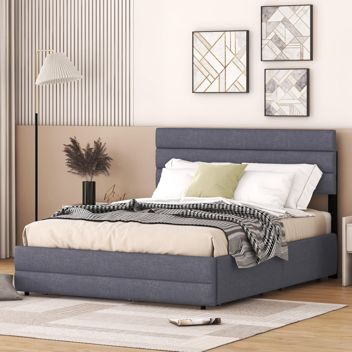 ČALÚNENÁ posteľ z ľanu 140x200 cm sivá s výsuvným lôžkom a 2 úložnými zásuvkami - sivá, textil (140/200cm) - Modfu