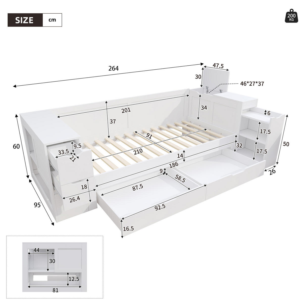 DETSKÁ posteľ 90/200 cm biela s úložným priestorom a nočným stolíkom z MDF - biela, kompozitné drevo (90/200cm) - OKWISH