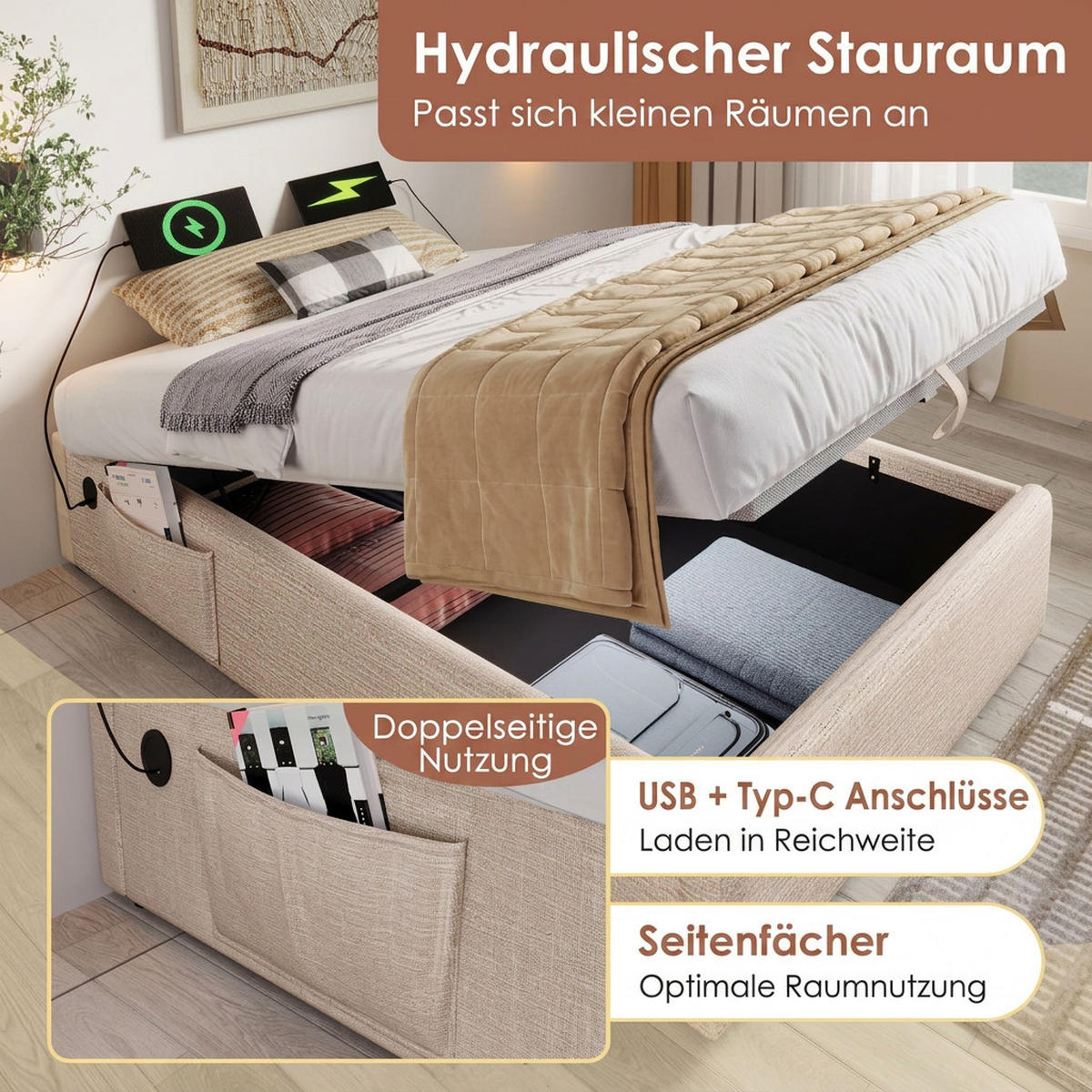 POLSTERBETT 160/200 cm Natürlich mit USB- C, Ohne Kopfteil - Naturfarben, Textil (160/200cm) - Oxeza