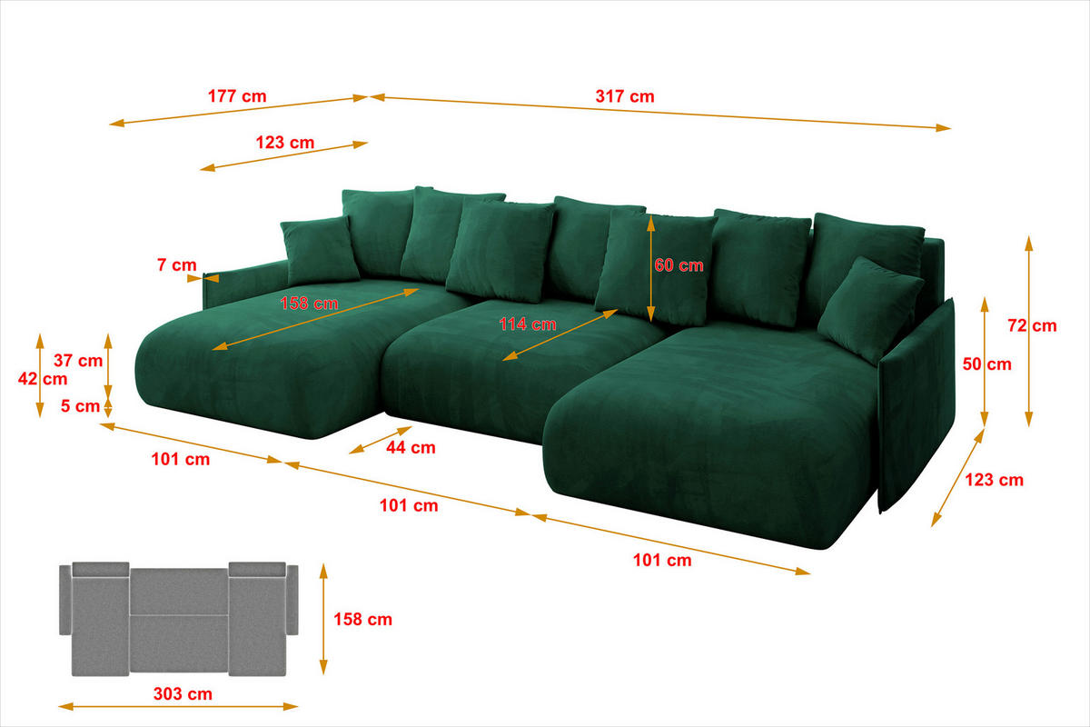 WOHNLANDSCHAFT mit Schlaffunktion und Bettkasten ONESK-U-v1 317x177x72 Dunkelgrün Velours - Dunkelgrün, Holzwerkstoff/Kunststoff (317/72/177cm) - ALTDECOR