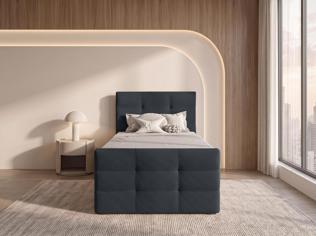 BOXBETT DEFNE 100x200 cm mit Fußteil und Matratze - Schwarz + TOPPER - Schwarz, Holz/Holzwerkstoff (100/200cm) - AX Living