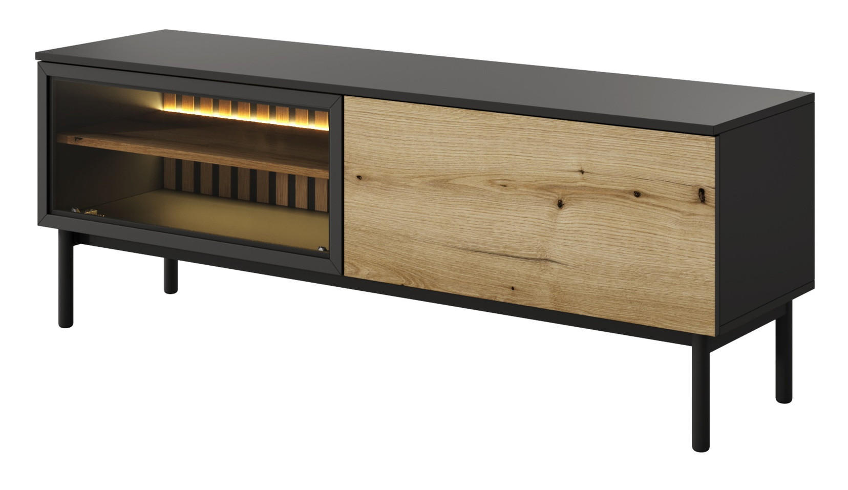 TV-SCHRANK mit Glas 150 cm Jotare, LED, Schwarz, Eiche Evoke - Schwarz, Holz (150/55/39cm) - Emporius
