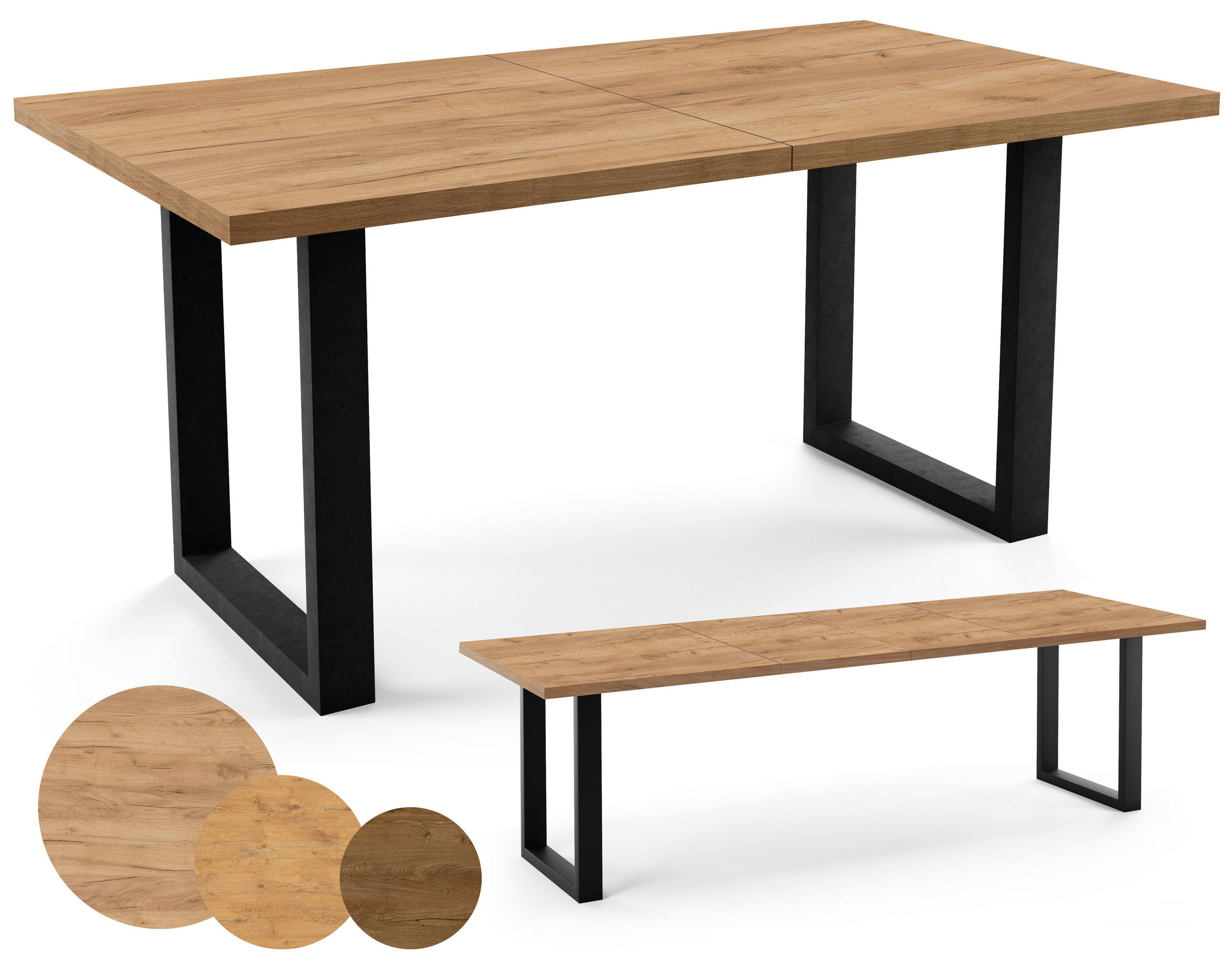 ESSTISCH rechteckiger, ausziehbarer LOFFTI, mit Metallbeinen, Loft-Stil, Industriel, skandinavisch: 80x120/220 cm. Farbe: Eiche Lancelot/Schwarz - Hellbraun, Metall (120/80/76cm) - Dekori_Interiors