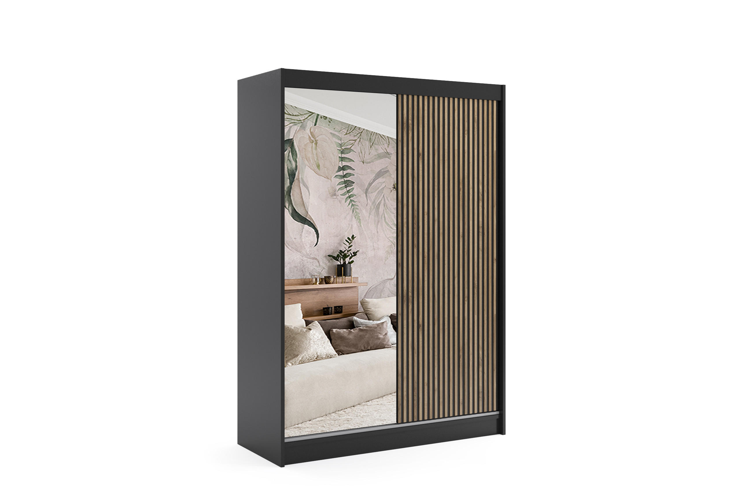 KLEIDERSCHRANK VILAN mit Spiegel - 150 cm - Schwarz|Eiche Wotan - Eiche Wotan/Schwarz, Holzwerkstoff (150/215/61cm) - ALTDECOR