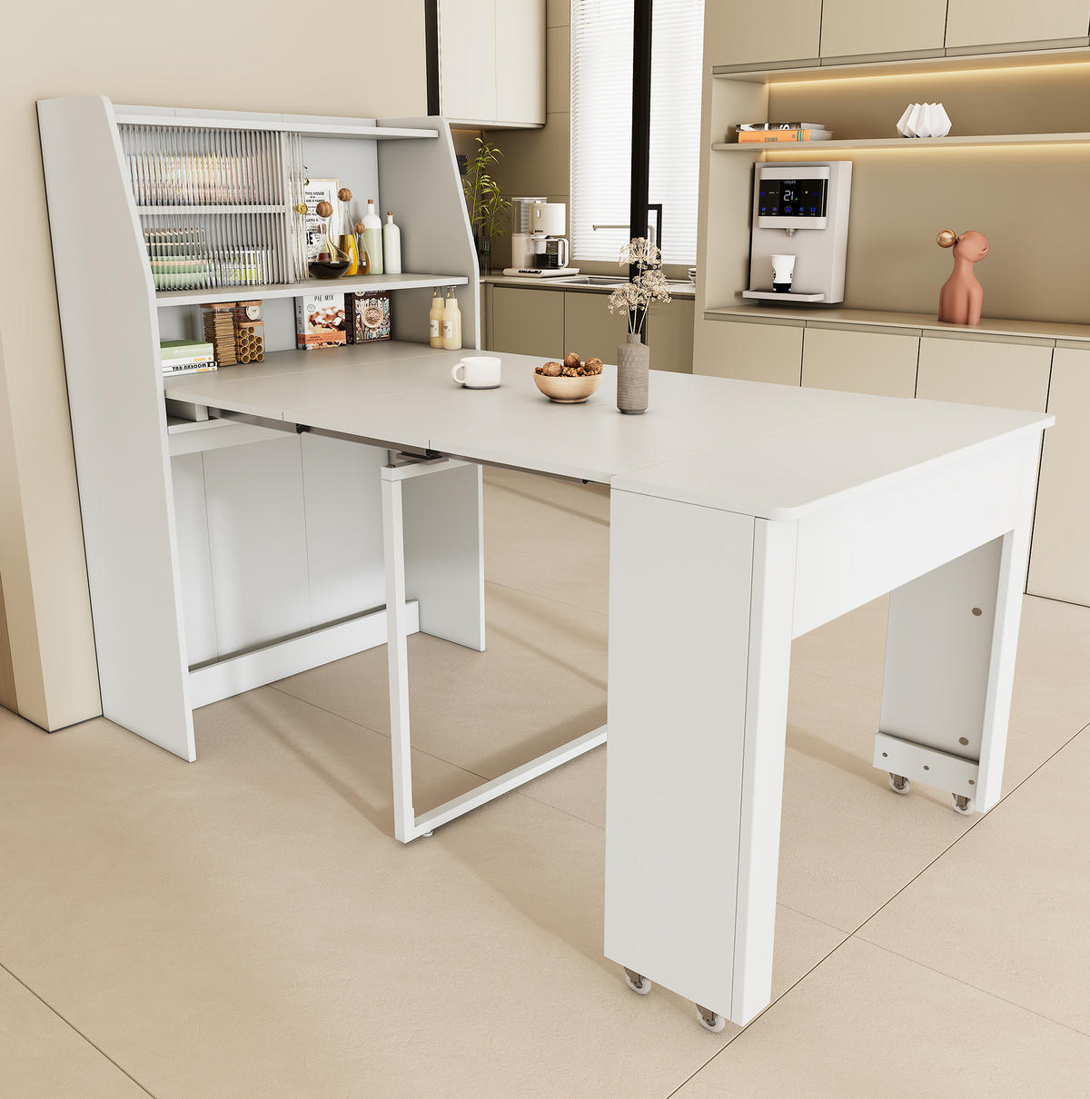 JEDÁLENSKÝ stôl 52/132,5/80/76 cm biely, rozkladací s úložným priestorom - biela, kompozitné drevo (80/52/76cm) - BEAOK