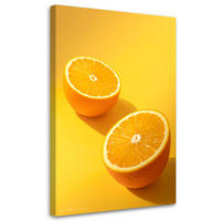 LEINWANDBILD, Zwei Orangenhälften auf leuchtend gelbem Hintergrund - Orange, Textil (60/90cm) - Feeby