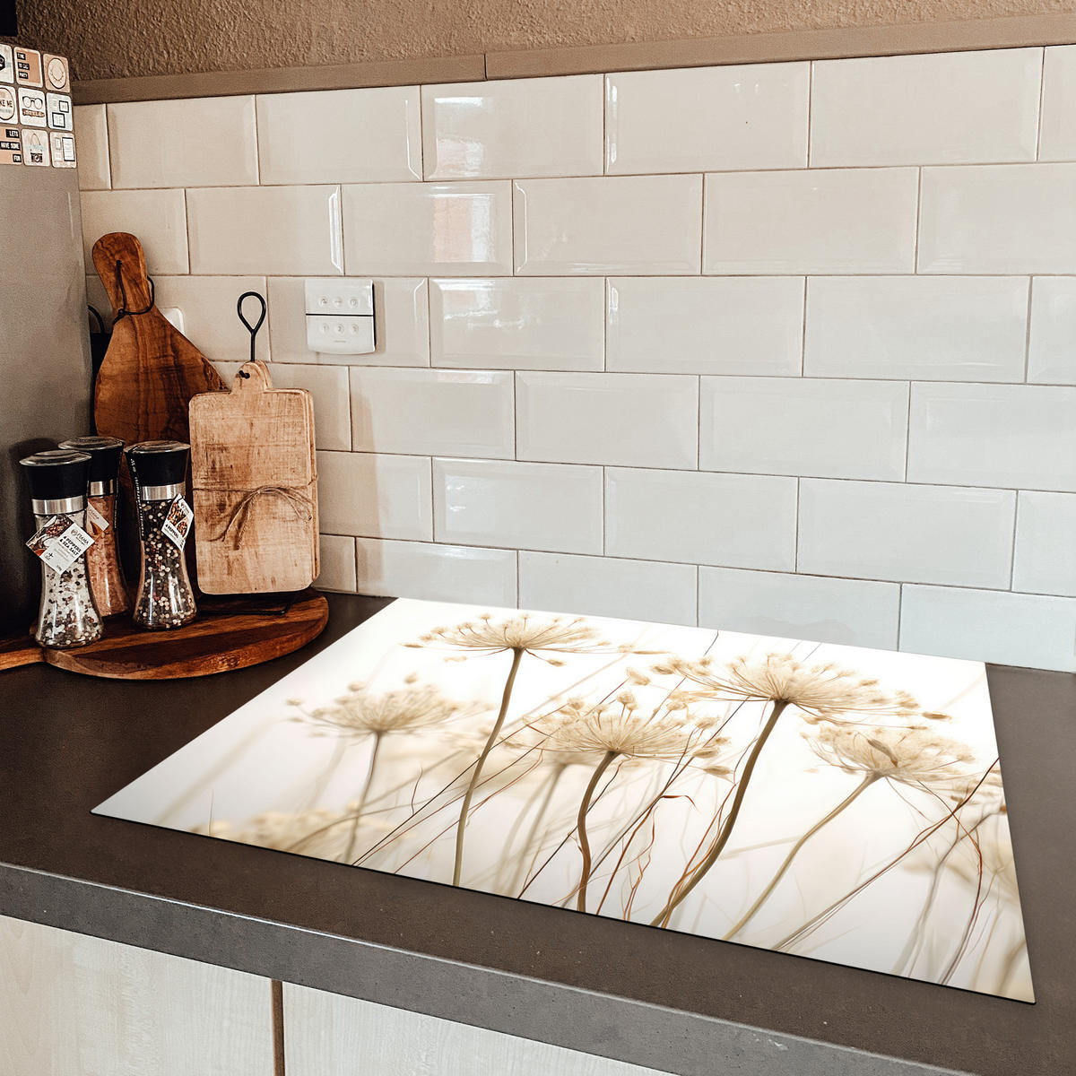 HERDABDECKPLATTE Blumen - Weiß - Sonnenlicht Induktionsmatte 71x52 cm - Ecru, Kunststoff (71/52/0.2cm) - MuchoWow