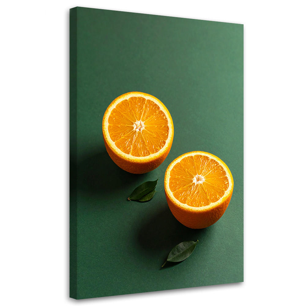 WANDBILD, Zwei Orangenhälften auf dunkelgrünem Hintergrund - Grün, Textil (70/100cm) - Feeby