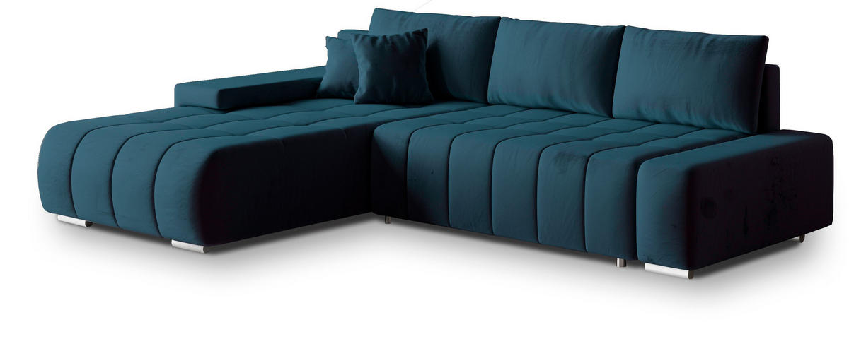 ECKSOFA ALESE L-S Blau Velours-Stoff mit Schlaffunktion - Blau, Holz (265/185cm) - MASSENO